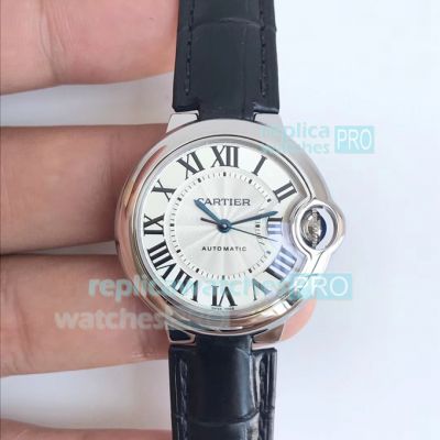 Replica Cartier Ballon Bleu De Cartier White Dial Black Leather Strap Watch 